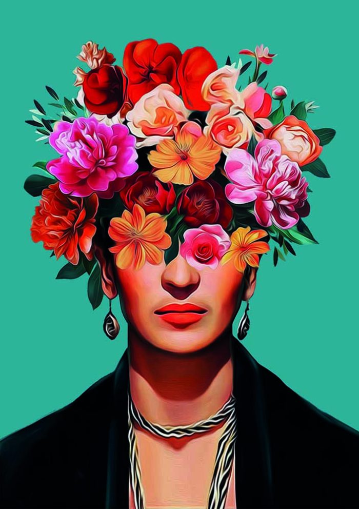 Frida Kahlo Floral Portrait Art Print, Surreal Portrait, Mexican Art, Flower Crown, Pop Art Style Poster Wall Art - Image 1