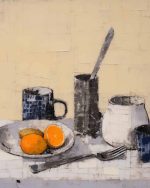 Still Life Painting with Oranges and Tableware Eclectic Trendy Wall Art Poster