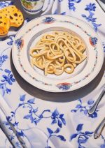 Still Life Painting of Pasta on a Blue and White Tablecloth Poster