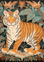 Majestic Tiger in Lush Jungle: Vibrant Illustration Eclectic Trendy Colorful Wall Art Poster