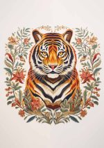 Tiger Portrait with Floral Wreath: Artistic Illustration  Eclectic Trendy Colorful Wall Art Poster