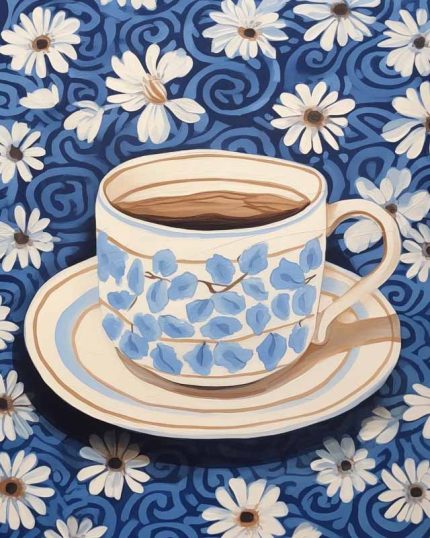Cup of Coffee on Floral Background: Still Life Painting  Eclectic Trendy Colorful Wall Art Poster