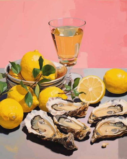 Oysters, Lemons, and Wine: Elegant Still Life Painting   Eclectic Trendy Colorful Wall Art Poster