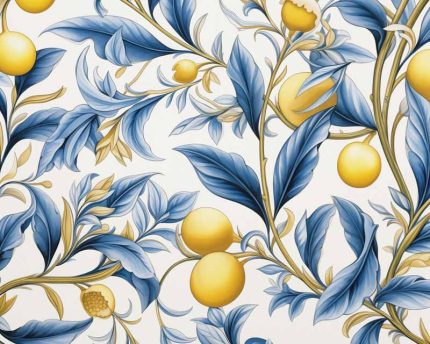 Lemon Tree Pattern with Blue Leaves: Botanical Design  Eclectic Trendy Colorful Wall Art Poster