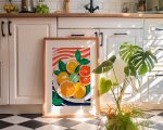 Vibrant Orange Still Life Painting with Citrus and Leaves Kitchen Trendy Print Wall Art Poster