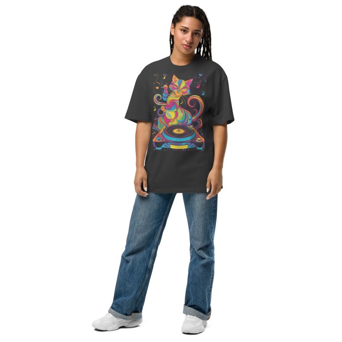Psychedelic Groovy Cat DJ Oversized faded t-shirt - Image 1