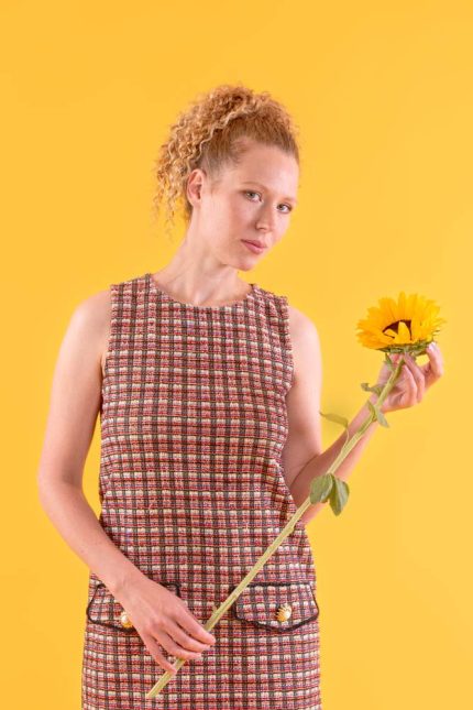 Woman in Plaid Dress with Flower On Yellow Background Commercial Use Digital Downloadable Image